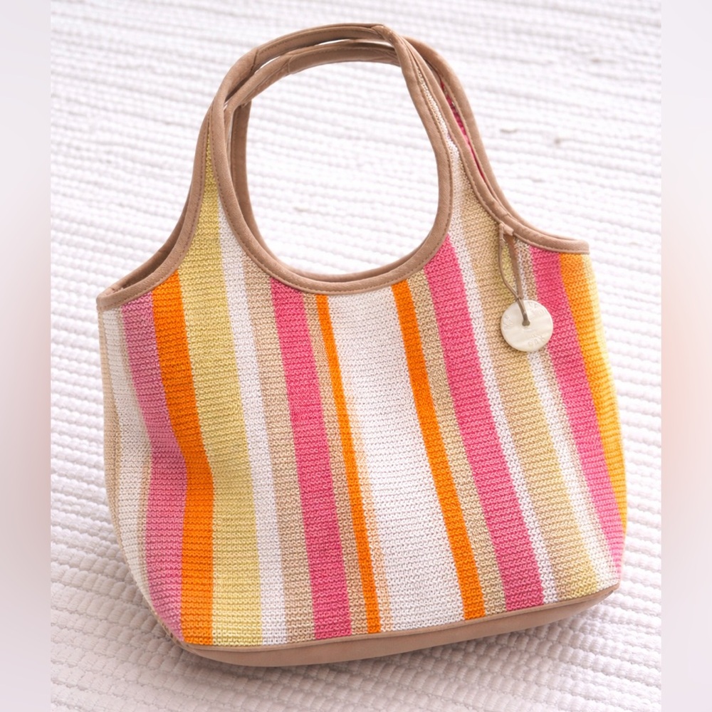 The Sak Knit Stripe Tote Pink Yellow Crochet Shoulder Bag Boho Summer
